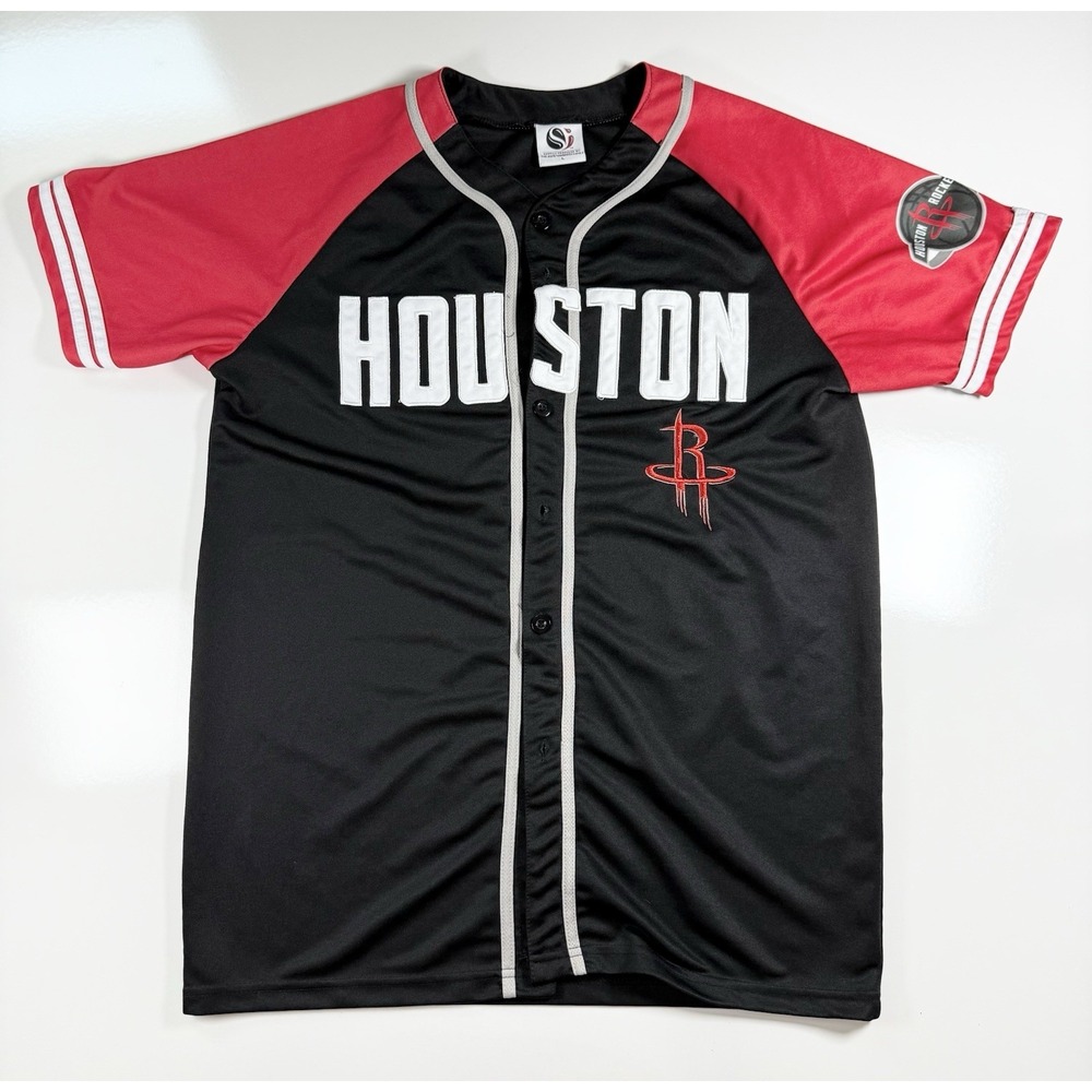 Houston Rockets Jersey Mens Large Black Red Button Up Shirt NBA Basketball Gear